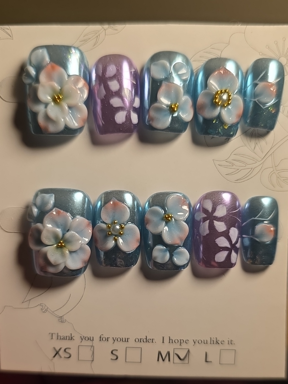 Blue Pearl Floral Press-On Nails with Lavender Accents Size Med